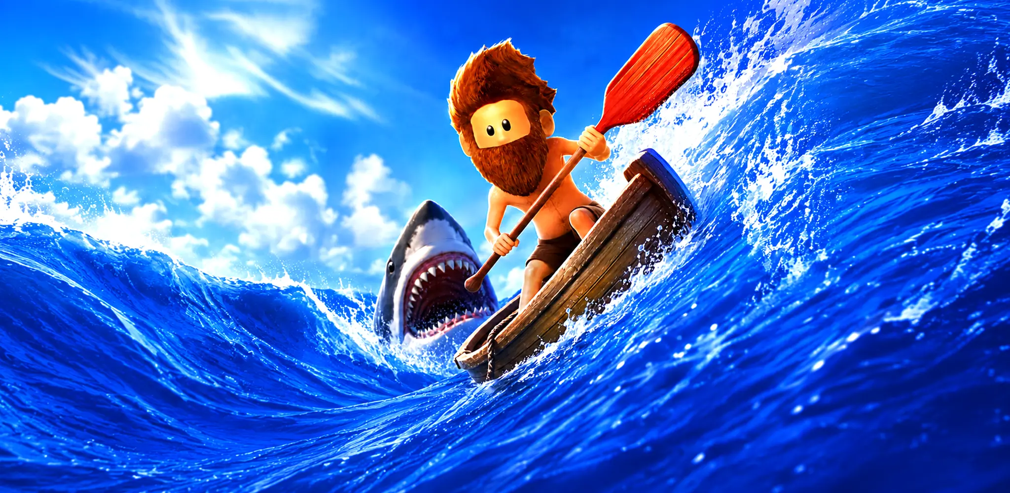 Johnny riding a wave while escaping a shark in Super Waves